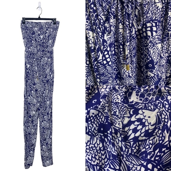 Lilly Pulitzer Blue‎ and White Upstream Fish Print Jumpsuit - Picture 3 of 5